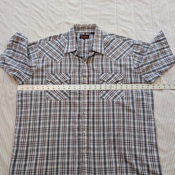 Plains Western Wear Pearl Snap front shirt blue white red plaid XL EUC - Picture 5 of 10